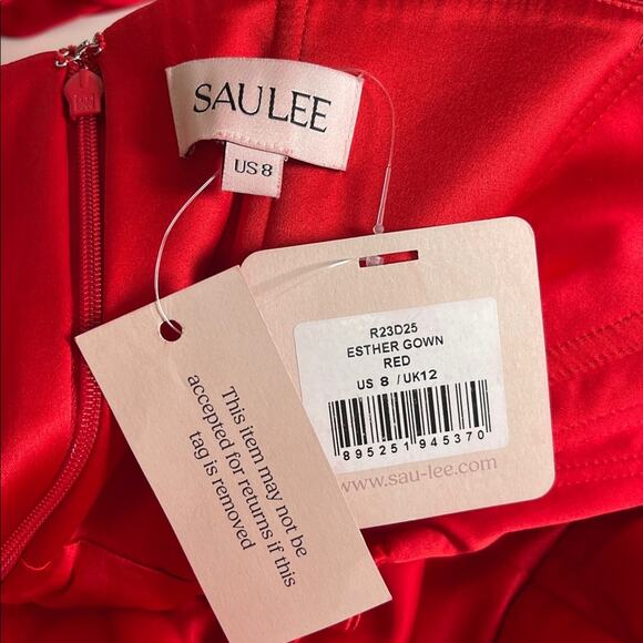 SAU LEE Esther Strapless Bow Cutout Red Satin Pencil Maxi Dress Size 8 - Picture 13 of 14